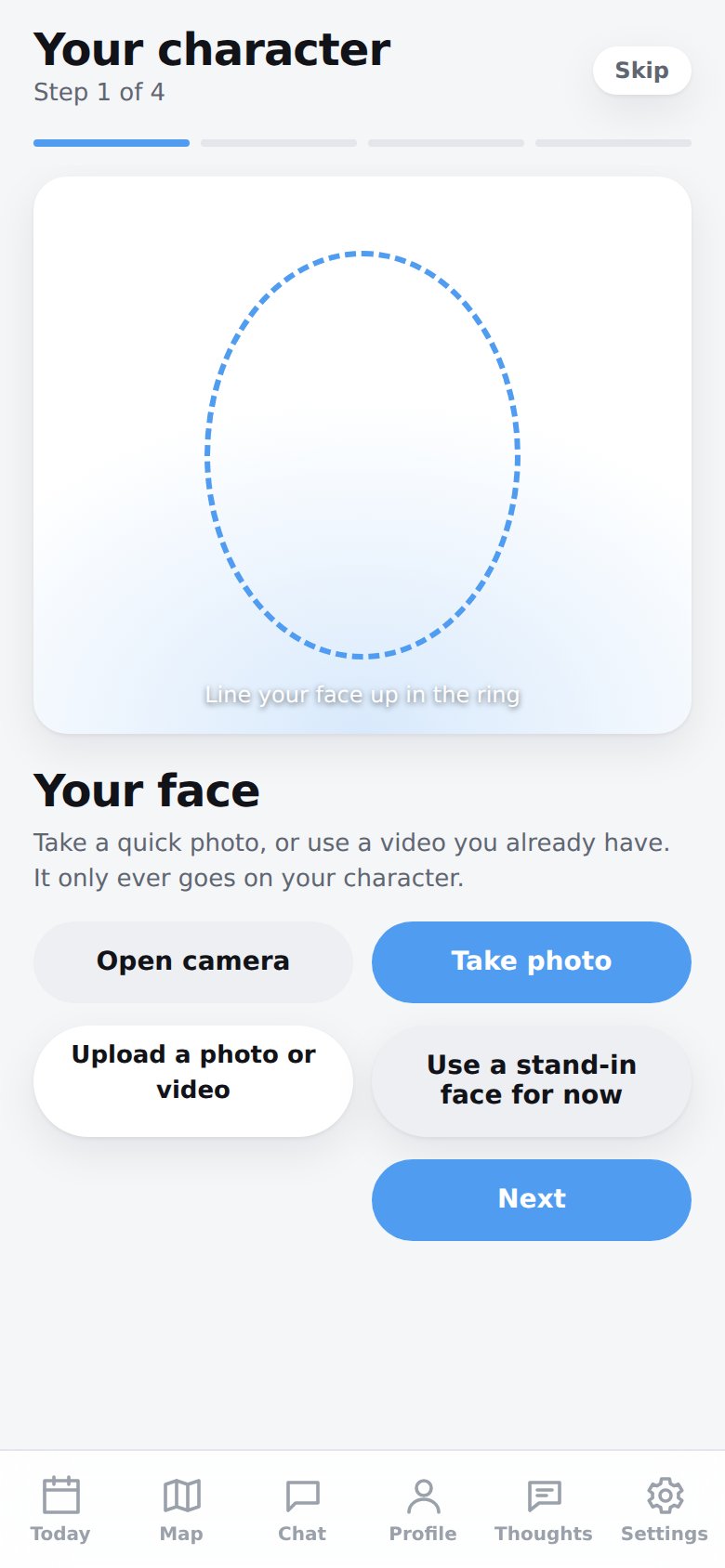 Muster character creator, step 1 of 4: your face
