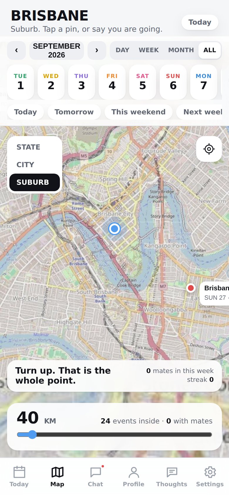 Muster map screen: Brisbane with events inside a 40 km circumference